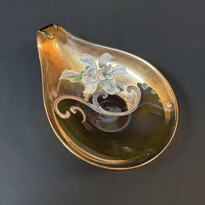 LOT 85: Vintage Boyd Vaseline Glass "Daisey & Button" Bow Slippers, Vintage Hand Painted Trinket Dishes w/Gold Floral...