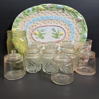 LOT 86: Vintage Apothecary Jars (Great for Filling for Holiday Gifts), Green Jardin Mason Jar, Floral Sour Cream Glass & More