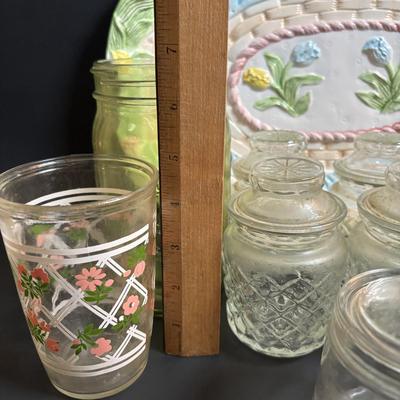 LOT 86: Vintage Apothecary Jars (Great for Filling for Holiday Gifts), Green Jardin Mason Jar, Floral Sour Cream Glass & More