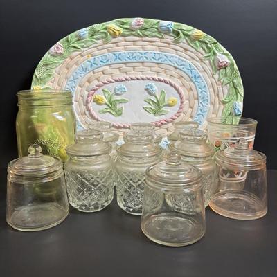 LOT 86: Vintage Apothecary Jars (Great for Filling for Holiday Gifts), Green Jardin Mason Jar, Floral Sour Cream Glass & More