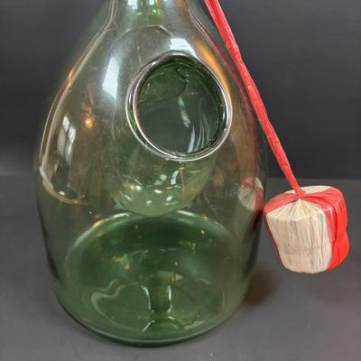 LOT 87: Vintage Hand-Blown Green Glass Wine Decanter & Leather Covered Embossed Spanish Wine Decanter along with Romania Arcadia Crystal