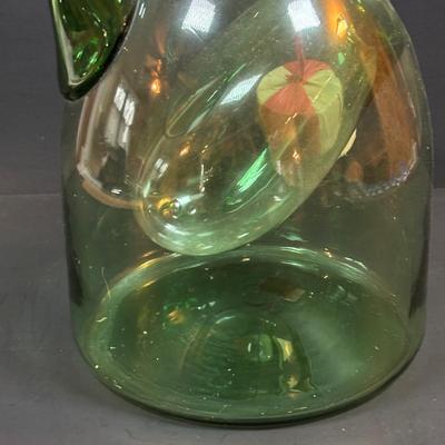 LOT 87: Vintage Hand-Blown Green Glass Wine Decanter & Leather Covered Embossed Spanish Wine Decanter along with Romania Arcadia Crystal