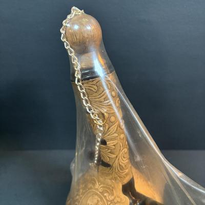 LOT 87: Vintage Hand-Blown Green Glass Wine Decanter & Leather Covered Embossed Spanish Wine Decanter along with Romania Arcadia Crystal