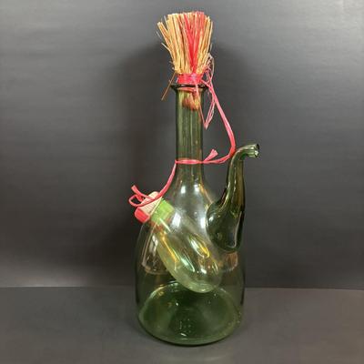 LOT 87: Vintage Hand-Blown Green Glass Wine Decanter & Leather Covered Embossed Spanish Wine Decanter along with Romania Arcadia Crystal
