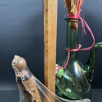 LOT 87: Vintage Hand-Blown Green Glass Wine Decanter & Leather Covered Embossed Spanish Wine Decanter along with Romania Arcadia Crystal