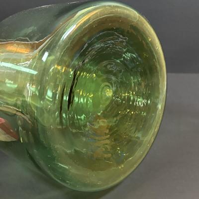 LOT 87: Vintage Hand-Blown Green Glass Wine Decanter & Leather Covered Embossed Spanish Wine Decanter along with Romania Arcadia Crystal