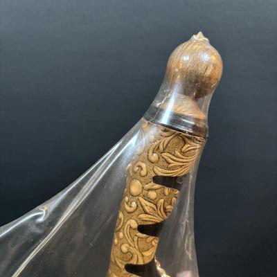 LOT 87: Vintage Hand-Blown Green Glass Wine Decanter & Leather Covered Embossed Spanish Wine Decanter along with Romania Arcadia Crystal