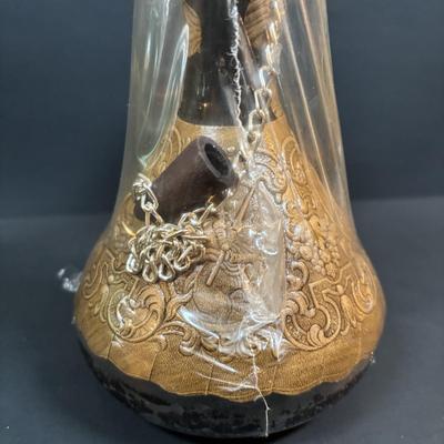 LOT 87: Vintage Hand-Blown Green Glass Wine Decanter & Leather Covered Embossed Spanish Wine Decanter along with Romania Arcadia Crystal