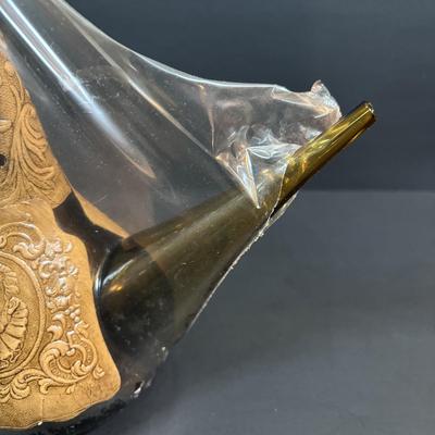 LOT 87: Vintage Hand-Blown Green Glass Wine Decanter & Leather Covered Embossed Spanish Wine Decanter along with Romania Arcadia Crystal