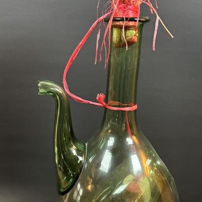 LOT 87: Vintage Hand-Blown Green Glass Wine Decanter & Leather Covered Embossed Spanish Wine Decanter along with Romania Arcadia Crystal