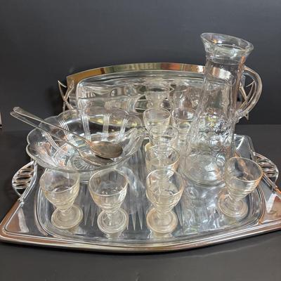LOT 90: MCM Kromex & Hellerware Serving Trays, Owens-Illinois Thumbprint Pitcher, Vintage Cordial/After Dinner Liqueur Glasses