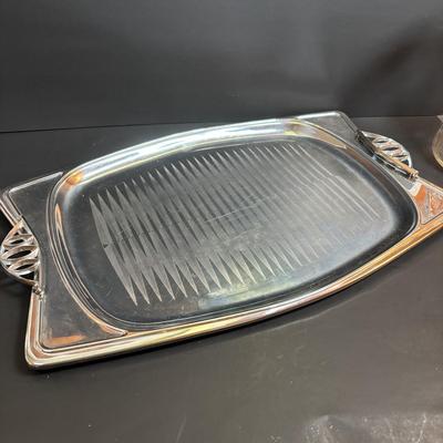 LOT 90: MCM Kromex & Hellerware Serving Trays, Owens-Illinois Thumbprint Pitcher, Vintage Cordial/After Dinner Liqueur Glasses