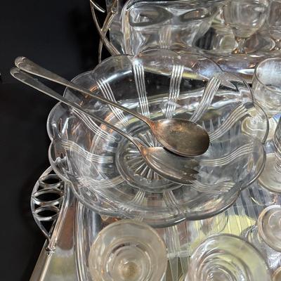 LOT 90: MCM Kromex & Hellerware Serving Trays, Owens-Illinois Thumbprint Pitcher, Vintage Cordial/After Dinner Liqueur Glasses