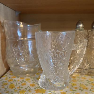 LOT 91: Floral Frosted Glasses, Vintage Plastic Party Picks, cut Crystal, Flintstone Mug, Cruets and More