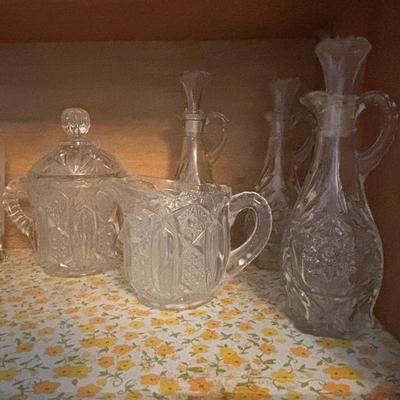 LOT 91: Floral Frosted Glasses, Vintage Plastic Party Picks, cut Crystal, Flintstone Mug, Cruets and More