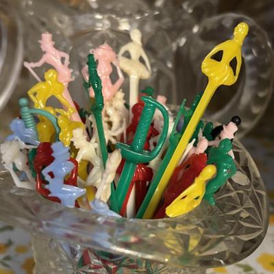 LOT 91: Floral Frosted Glasses, Vintage Plastic Party Picks, cut Crystal, Flintstone Mug, Cruets and More