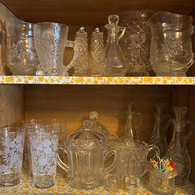 LOT 91: Floral Frosted Glasses, Vintage Plastic Party Picks, cut Crystal, Flintstone Mug, Cruets and More