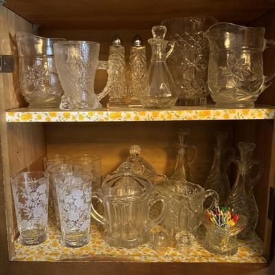 LOT 91: Floral Frosted Glasses, Vintage Plastic Party Picks, cut Crystal, Flintstone Mug, Cruets and More