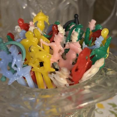 LOT 91: Floral Frosted Glasses, Vintage Plastic Party Picks, cut Crystal, Flintstone Mug, Cruets and More