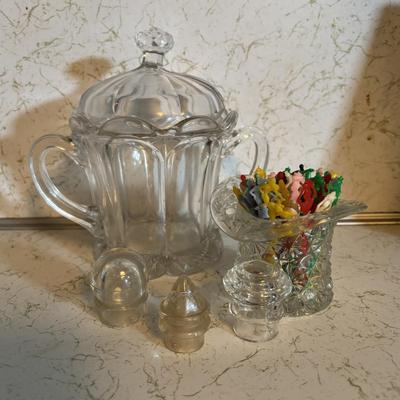 LOT 91: Floral Frosted Glasses, Vintage Plastic Party Picks, cut Crystal, Flintstone Mug, Cruets and More