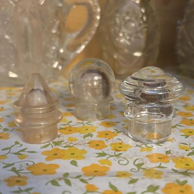 LOT 91: Floral Frosted Glasses, Vintage Plastic Party Picks, cut Crystal, Flintstone Mug, Cruets and More