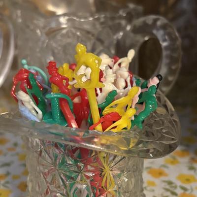 LOT 91: Floral Frosted Glasses, Vintage Plastic Party Picks, cut Crystal, Flintstone Mug, Cruets and More