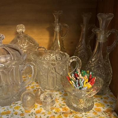 LOT 91: Floral Frosted Glasses, Vintage Plastic Party Picks, cut Crystal, Flintstone Mug, Cruets and More