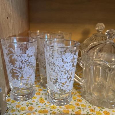 LOT 91: Floral Frosted Glasses, Vintage Plastic Party Picks, cut Crystal, Flintstone Mug, Cruets and More