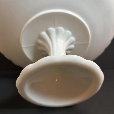 LOT 93: Vintage Milk Glass Lace Edge Bowl, Avocado Green Divided Thumbprint Dish and Barrel Mug Glasses