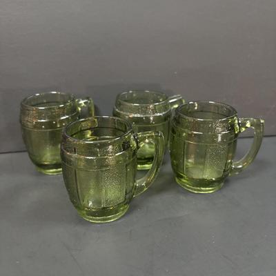 LOT 93: Vintage Milk Glass Lace Edge Bowl, Avocado Green Divided Thumbprint Dish and Barrel Mug Glasses