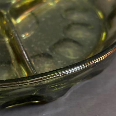 LOT 93: Vintage Milk Glass Lace Edge Bowl, Avocado Green Divided Thumbprint Dish and Barrel Mug Glasses