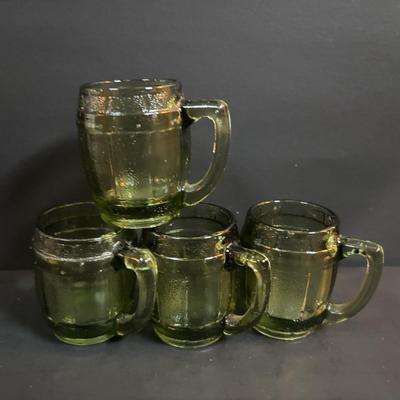 LOT 93: Vintage Milk Glass Lace Edge Bowl, Avocado Green Divided Thumbprint Dish and Barrel Mug Glasses
