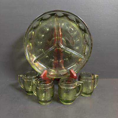 LOT 93: Vintage Milk Glass Lace Edge Bowl, Avocado Green Divided Thumbprint Dish and Barrel Mug Glasses