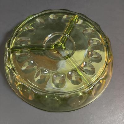 LOT 93: Vintage Milk Glass Lace Edge Bowl, Avocado Green Divided Thumbprint Dish and Barrel Mug Glasses