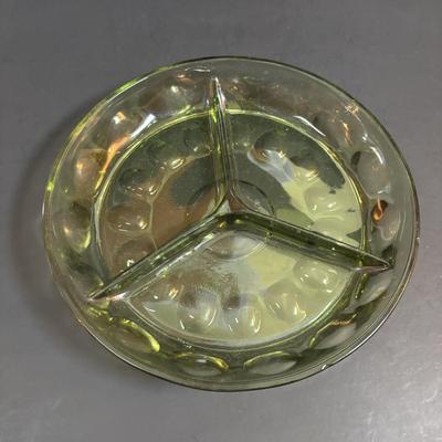 LOT 93: Vintage Milk Glass Lace Edge Bowl, Avocado Green Divided Thumbprint Dish and Barrel Mug Glasses