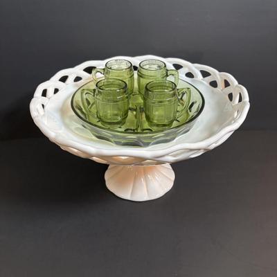 LOT 93: Vintage Milk Glass Lace Edge Bowl, Avocado Green Divided Thumbprint Dish and Barrel Mug Glasses