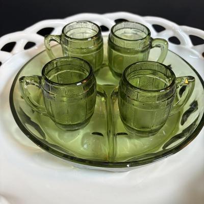 LOT 93: Vintage Milk Glass Lace Edge Bowl, Avocado Green Divided Thumbprint Dish and Barrel Mug Glasses