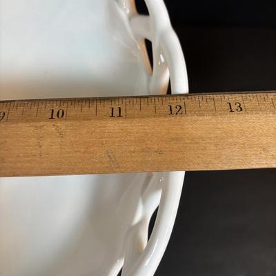 LOT 93: Vintage Milk Glass Lace Edge Bowl, Avocado Green Divided Thumbprint Dish and Barrel Mug Glasses