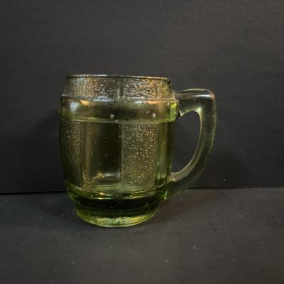 LOT 93: Vintage Milk Glass Lace Edge Bowl, Avocado Green Divided Thumbprint Dish and Barrel Mug Glasses