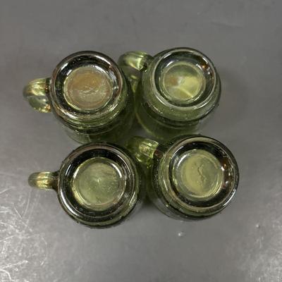 LOT 93: Vintage Milk Glass Lace Edge Bowl, Avocado Green Divided Thumbprint Dish and Barrel Mug Glasses