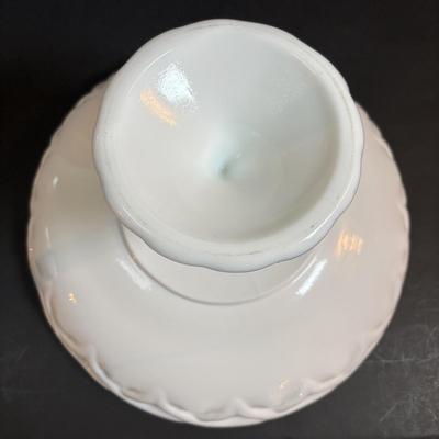 LOT 93: Vintage Milk Glass Lace Edge Bowl, Avocado Green Divided Thumbprint Dish and Barrel Mug Glasses