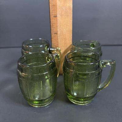 LOT 93: Vintage Milk Glass Lace Edge Bowl, Avocado Green Divided Thumbprint Dish and Barrel Mug Glasses