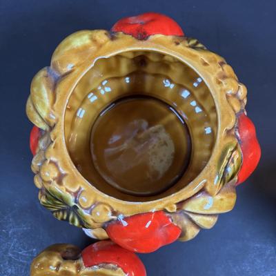 LOT 95: Vintage Indiana Glass "Tree Bark" Glasses, Inarco Fruit Cookie Jar & Creamer, Enamelware Teapot, Pyro-O-Rex,...