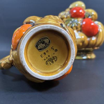 LOT 95: Vintage Indiana Glass "Tree Bark" Glasses, Inarco Fruit Cookie Jar & Creamer, Enamelware Teapot, Pyro-O-Rex,...