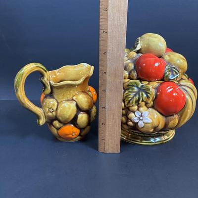 LOT 95: Vintage Indiana Glass "Tree Bark" Glasses, Inarco Fruit Cookie Jar & Creamer, Enamelware Teapot, Pyro-O-Rex,...
