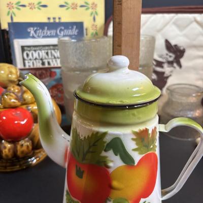 LOT 95: Vintage Indiana Glass "Tree Bark" Glasses, Inarco Fruit Cookie Jar & Creamer, Enamelware Teapot, Pyro-O-Rex,...