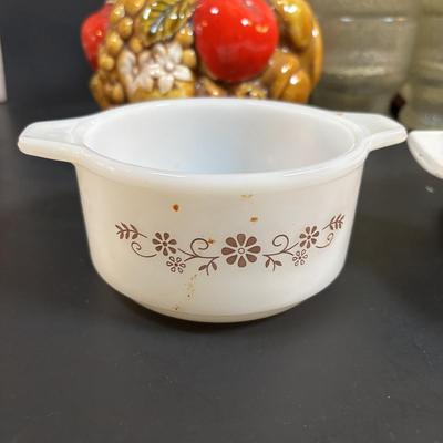 LOT 95: Vintage Indiana Glass "Tree Bark" Glasses, Inarco Fruit Cookie Jar & Creamer, Enamelware Teapot, Pyro-O-Rex,...