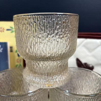 LOT 95: Vintage Indiana Glass "Tree Bark" Glasses, Inarco Fruit Cookie Jar & Creamer, Enamelware Teapot, Pyro-O-Rex,...