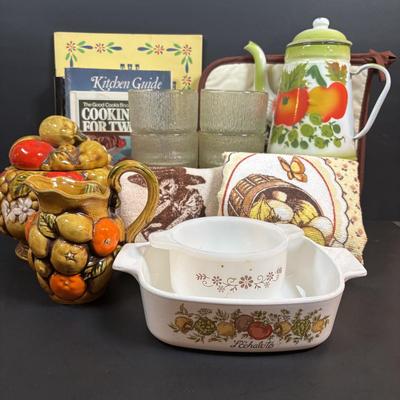 LOT 95: Vintage Indiana Glass "Tree Bark" Glasses, Inarco Fruit Cookie Jar & Creamer, Enamelware Teapot, Pyro-O-Rex,...
