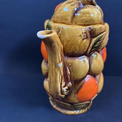 LOT 95: Vintage Indiana Glass "Tree Bark" Glasses, Inarco Fruit Cookie Jar & Creamer, Enamelware Teapot, Pyro-O-Rex,...